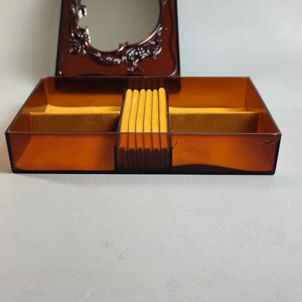 Vintage MCM Vanity‎ Jewelry Box With Freestanding Mirror Frame Lid Amber